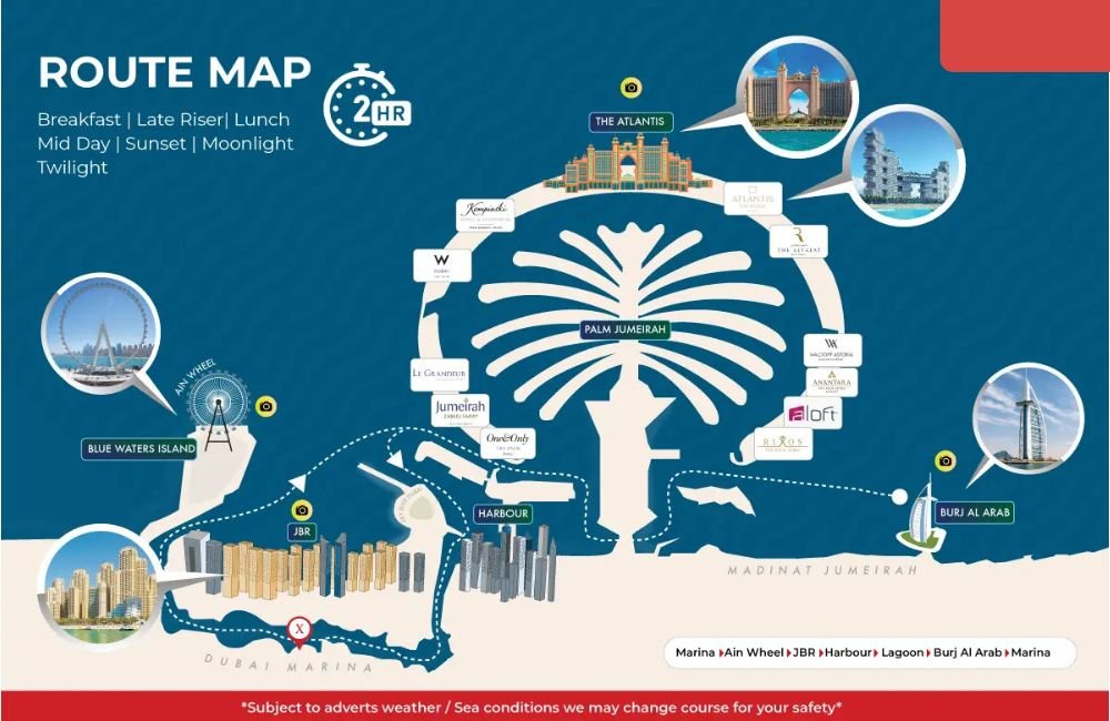Dubai Marina Yacht Tour with Breakfast or BBQ Dinner Route Map 2 Hour