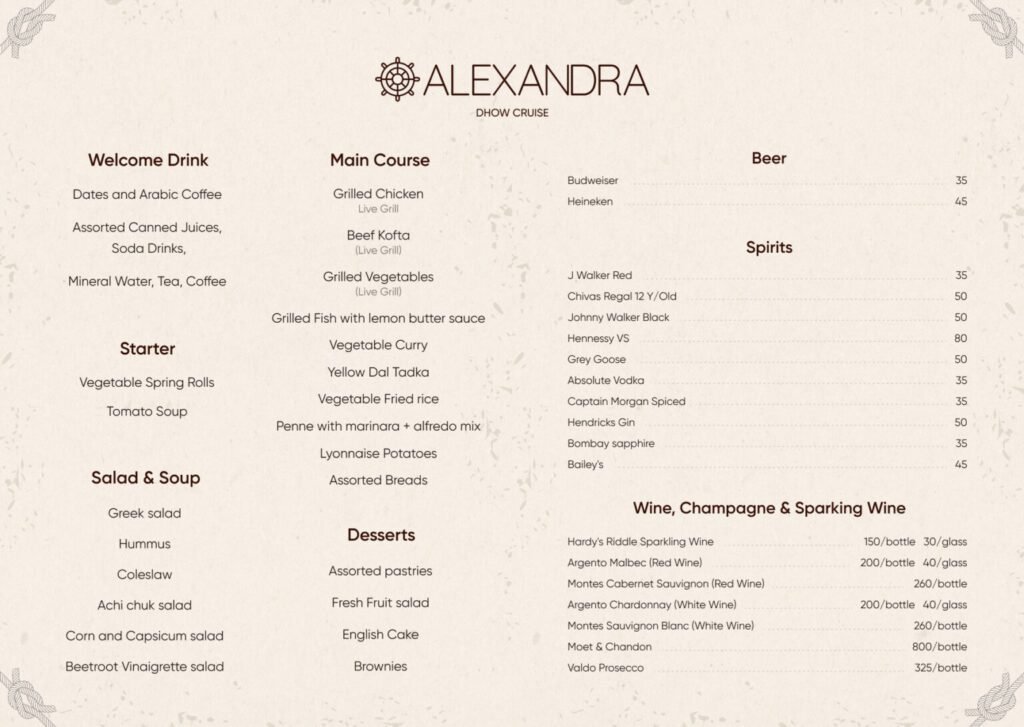 Alexandra Dhow Cruise Dubai Marina With Dinner Dinner Menu