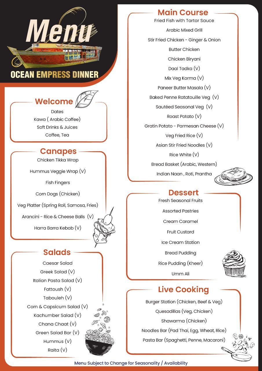 Premium Wooden Dhow Dinner Cruise Food Menu