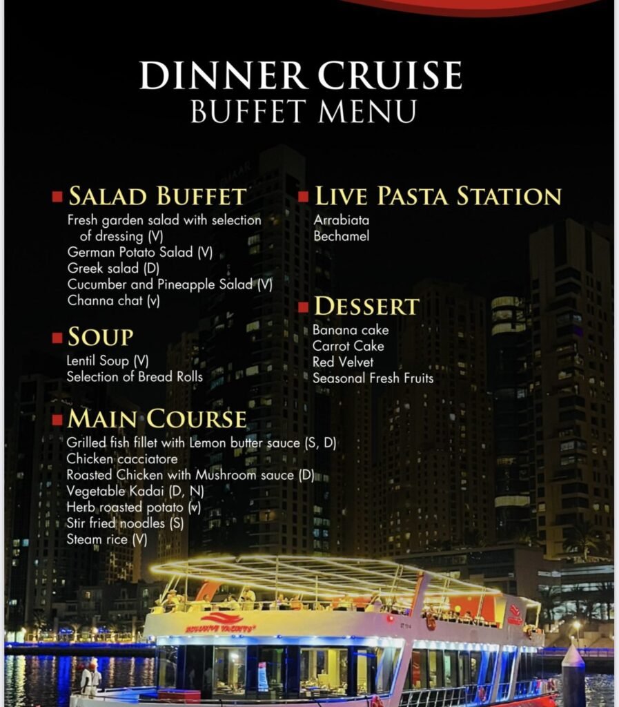 Exclusive Sunset/ Dinner Cruise With Dinner In Dubai Marina Dinner Menu