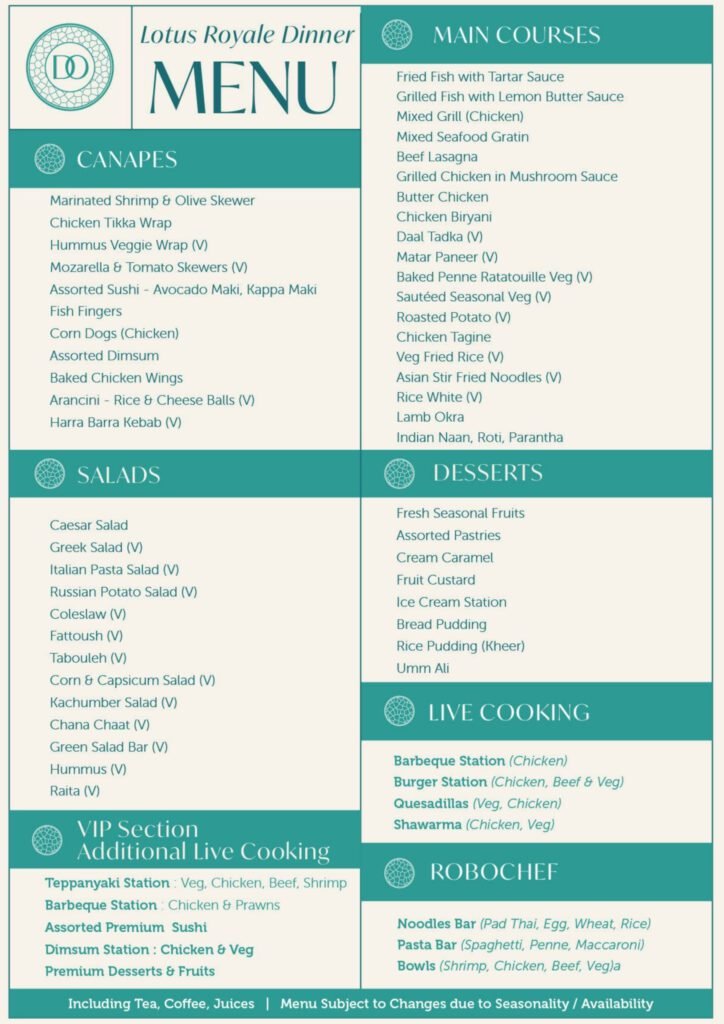 Lotus Mega Yacht Dinner Menu