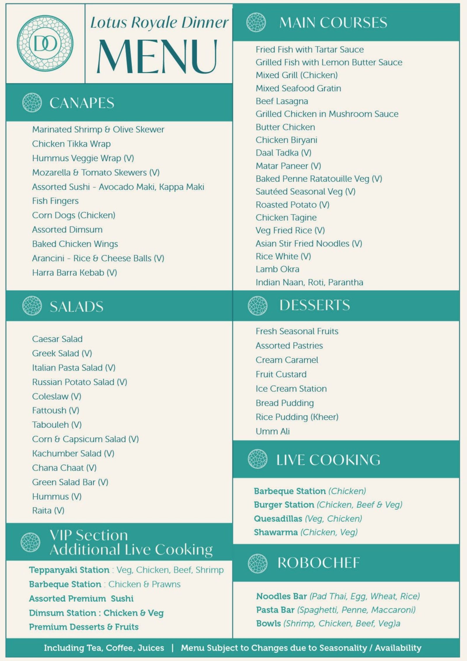 Lotus Mega Yacht Dinner Menu